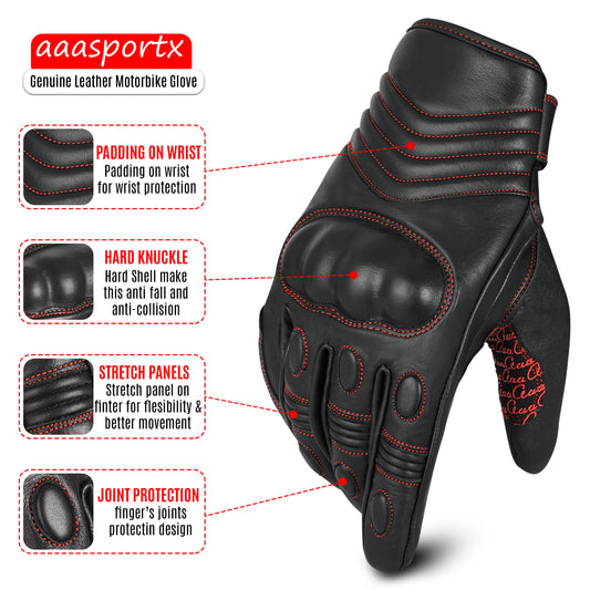 aaaSportx™ All-Weather Unisex Leather Motorcycle Gloves with Hardshell Protector - Touch Screen Compatible